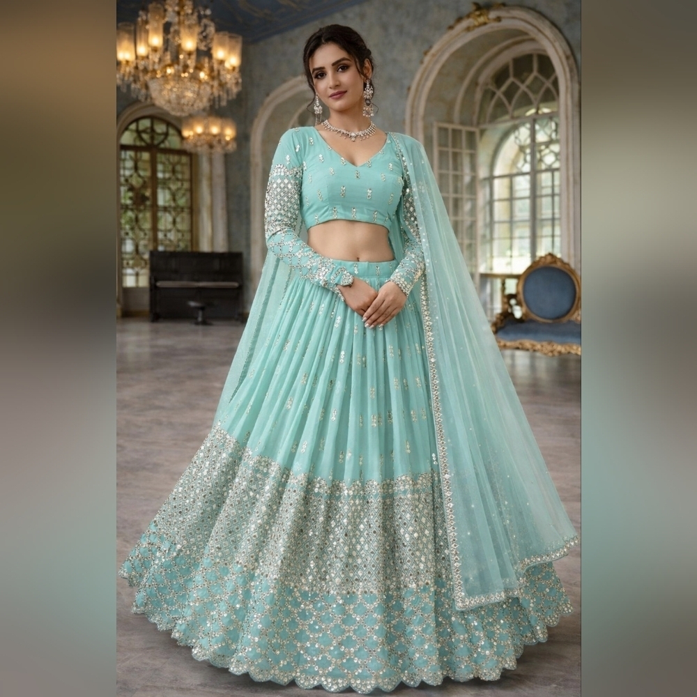Teal blue Sequin Zari Embroidery Work Lehenga Choli